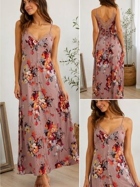 Lovestitch Floral Lace Trim Maxi Dress Boho Slip Button Front Tie Back Size S